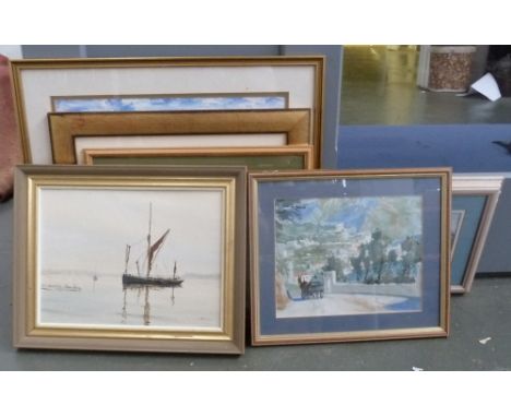 A large selection pictures and prints including an etching of Plönlein in Rothenburg, a watercolour of a horse and cart in a 
