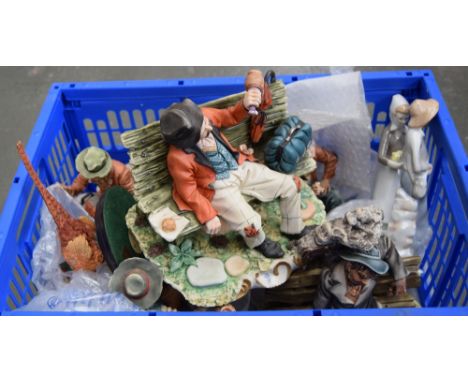 Four figurines of happy tramps on benches with Italian export marks, together with two ceramic peasant figures, one by Carl S