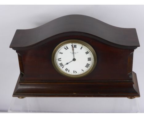 A Swiss Made Mahogany Cased Mantle Clock, Preston's Limited Bolton, S.F.R.A. movement, white enamel face with Roman style num