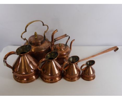 A Collection of Miscellaneous Copper, including two kettles, four graduated jugs, stew pot ladle.