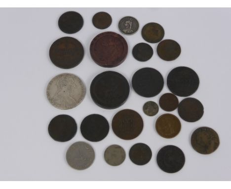 A Box of Miscellaneous Antique Coins, including Irish, Arab Emirates, 2 x George III Crowns dd 1797, 19th Century Token Staff