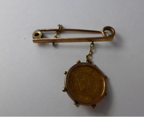 A Lady's Gold Lima 1/5 Libra Peruvian Gold Coin Pendant Brooch dd 1910 in 9 ct gold mount (approx wt 2.3 gms).