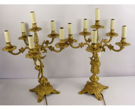 A Pair of Brass Italian LeRelco Candelabra Lamps, the five branch lamp decorated in the Rococo style, with a dimmer attached 