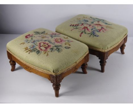 A Pair of Vintage Oak Framed Tapestry Footstools, on turned legs.