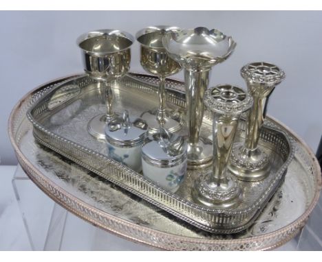 A Quantity of Silver Plate, including a pair of Cavalier goblets, a rectangular decanter tray, an oval drinks tray, two Royal