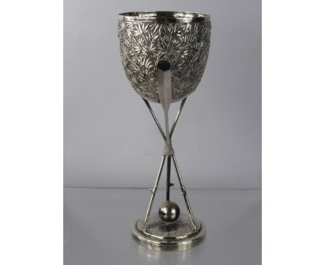 Tien Shing, A Solid Silver 19th Century Canton Regatta Presentation Trophy, the trophy bowl decorated with bamboo in relief a