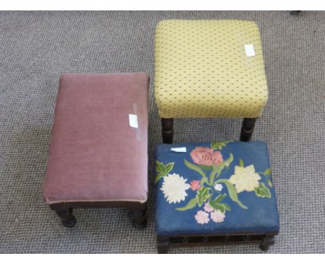 Three Vintage Foot Stools, one embroidered, one pink velvet and the third gold weave covering. (3)