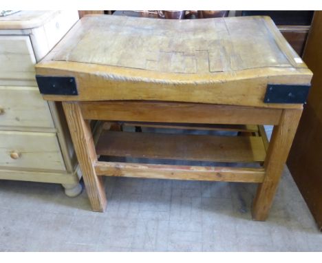 A Vintage Oak Butcher's Block, supported on a pine stand, approx 93 x 62  80 cms.