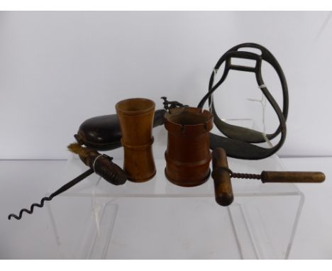 A Collection of Miscellaneous Items, including antique brush, cork screw, stirrups, veterinary instruments and a leather shot