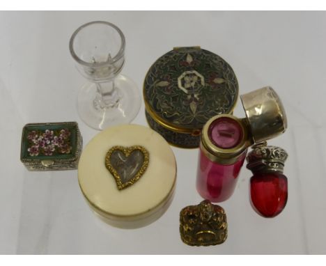 Miscellaneous Items, including a mourning trinket box (WF), two Italian enamel trinket boxes, a brass seal, a Cranberry and s