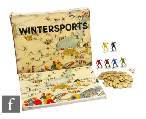 A 1930s H.P. Gibson Winter Sports board game, to include a quadriform illustrated game board, six Johillco hollowcast male sk