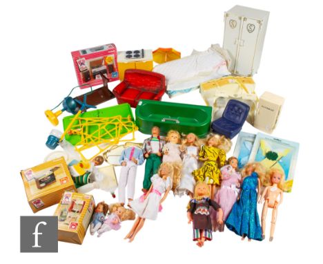 A collection of assorted fashion dolls, mainly Mattel Barbie, with a selection of furniture and other accessories, mainly Ped