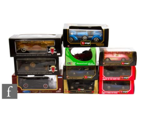 An assorted collection of diecast models, to include five Bburago 1:24 scale models, including a Porsche Cabriolet, Chevrolet