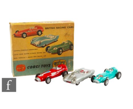 A Corgi GS5 British Racing Cars Gift Set, comprising Vanwall Formula 1 Grand Prix in red with racing number 25 and cast spoke