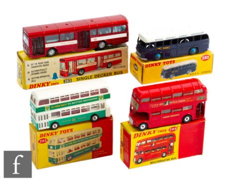 A collection of Dinky diecast model buses and coaches, comprising&nbsp;283 Single Decker Bus 'Red Arrow' in metallic red,&nbs