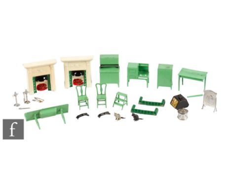 Two Taylor and Barrett 131 Miniature Fireplaces, with kerb and tools, together with a selection of Tootsietoys dolls house fu
