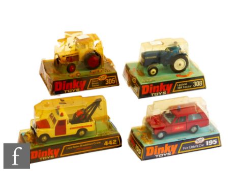 Four Dinky diecast models, 195 Fire Chief's Car, 442 Land Rover Breakdown Crane, 308 Leyland 384 Tractor and 305 David Brown 