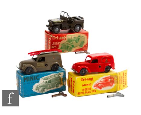 Three Triang Minic clockwork vehicles, Post Office Telephone Van in dull olive green body with decals to doors and red ladder