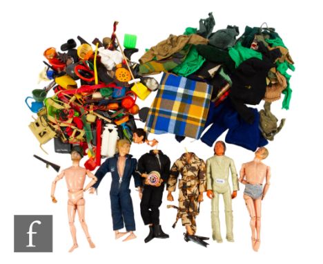 Five Palitoy Action Man action figures (two with heads detached), and a Marx Best of the West figure, with a collection of ac