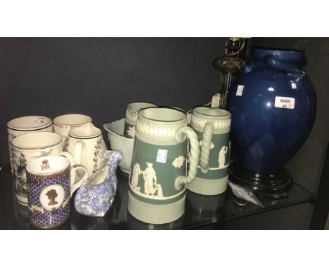 A Liberty blue glazed pottery vase, Wedgwood commemorative mugs, 4 graded Staffs jugs (cracked), Danish oval tureen, glass la