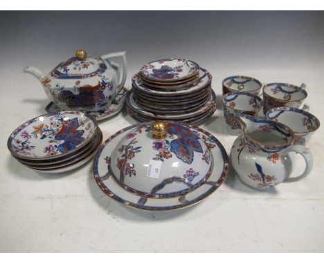 Copeland Spode tobacco pattern china - teapot and cover, muffin dish and cover with 22 cups, saucers or plates