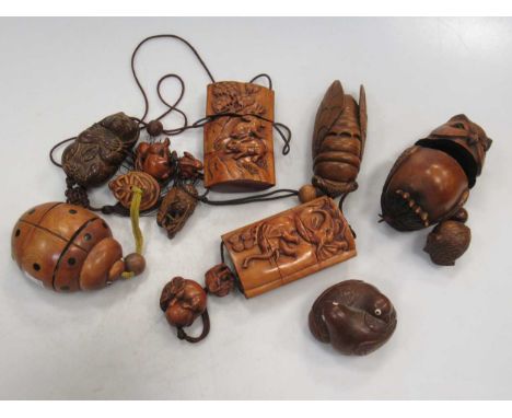 Five modern Japanese carved wood animal shape inro with netsuke toggles, a cat shape box and a quail shape box (7)