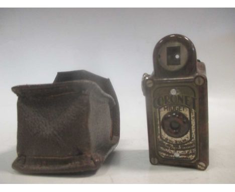 A Coronet Midget Miniature Camera, brown bakelite case, with a leather-cloth case