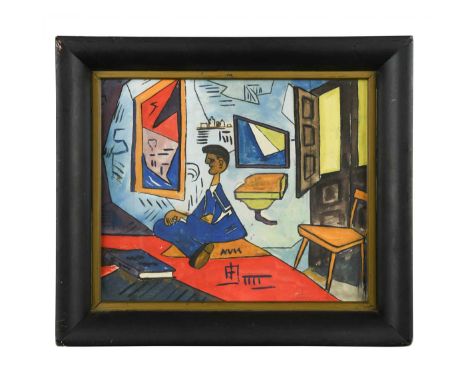 A man seated in an interior, signed indisitinctly (lower right), watercolour, 28 x 34cm; an abstracted painting of a lizard, 
