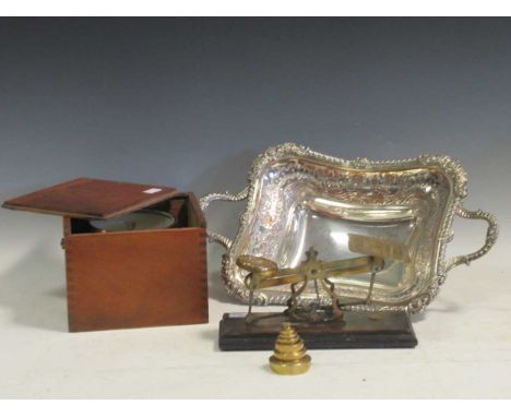 A pair of postal scales, a mairitime Dry card compass, cased, and a plated rectangular two handled fruit bowl