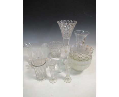 Three Venetian style handkerchief vases together with a collection of various cut glass vases, bowls and lamp shades (qty)