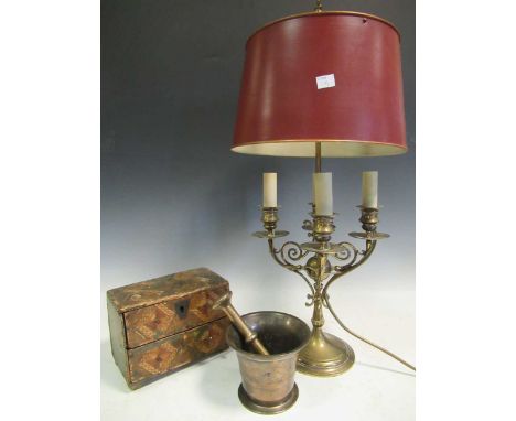 A brass bouillotte lamp with tole ware shade, a brass pestle &amp; mortar and a Nepoleonic prisoner of war straw work two dra