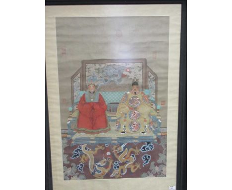 A Chinese ancestoral portrait, three red seal stamps , 95 x 63cm