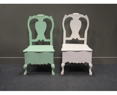 Two painted commode chairs on cabriole legs together with, a pair of tooled leather lamp bases (a/f) together with another an