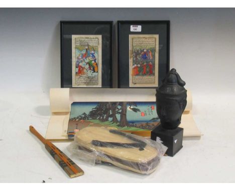 A group of 20th century Japanese textiles and reproduction scroll pictures, including one earlier scroll mounted female woodb