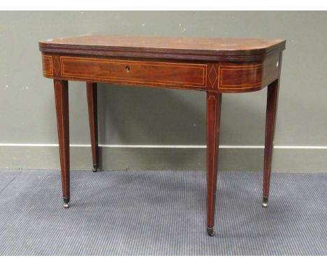 A Regency mahogany and satinwood strung D shape card table, frieze drawer, on square tapering legs and casters, 103cm wide (d