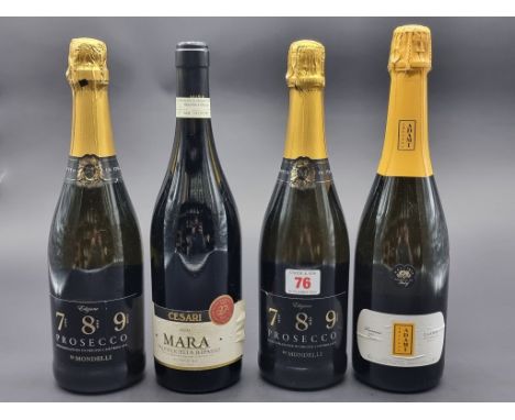 Three 75cl bottles of Prosecco; together with another 75cl bottle of Valpolicella. (4) 