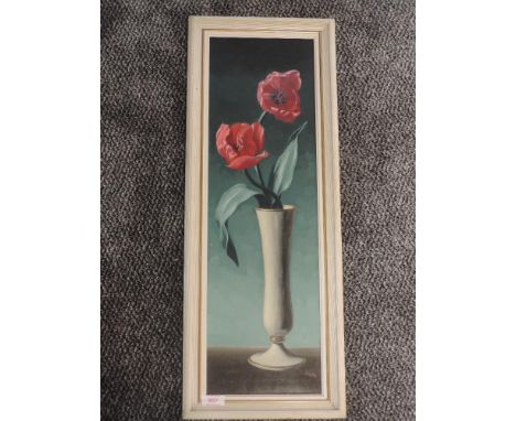 An oil painting, Tusan, tulips in a vase, signed, 60 x 18cm, plus frame
Orignal frame, condition okay