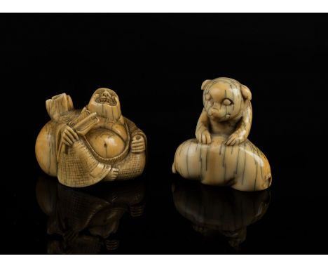 Japanese Art. Two ivory netsuke: one depicting Budhai and the other depicting two animals Both signed at the back Japan, 19th