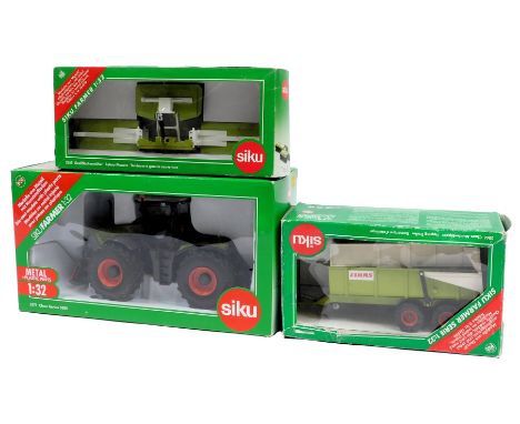 Siku diecast farming equipment, including 3271 a Claas Xerion 5000 tractor, 2866 Claas tipping trailer, and 2265 Claas rotary