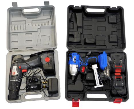 A Performance Pro 18 volt hammer drill, and a Day Plus cordless impact wrench. (2)