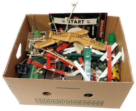 Scalextric accessories, including Scalextric C86 Porsche, Scalextric MMB2 Hurricane sidecar, bridges, barriers, camera gantri