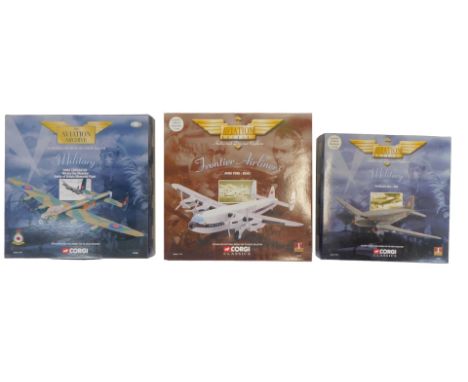 Corgi The Aviation Archive 1:44 scale die-cast planes, including 47106 Military Douglas DC3-RAF, Military 47306 Avro Lancaste