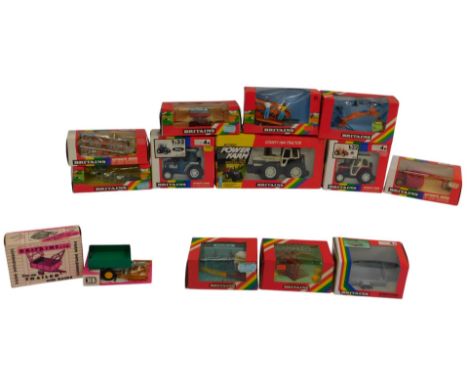 Britains tractors and farming implements, including 9502 Massey Ferguson MF362 tractor, 9531 Viscount grass mower, number 955