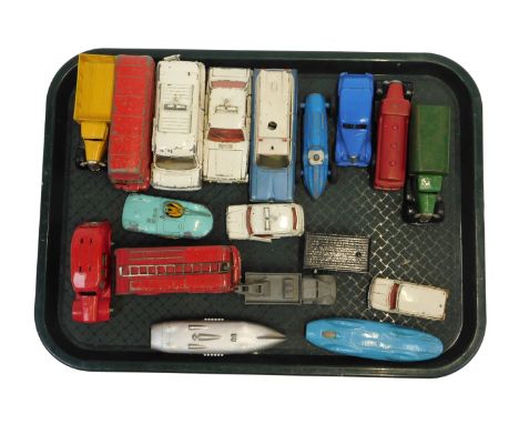 Dinky play worn diecast, including a Dinky Ford Transit van Belize, Dinky Routemaster bus, a Dinky Toys fire engine, Dinky To