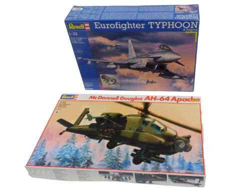 Revell 1:32 scale model kits, including 04783 Euro Fighter Typhoon and engine, and an 04575 McDonnell Douglas AH-64 Apache he