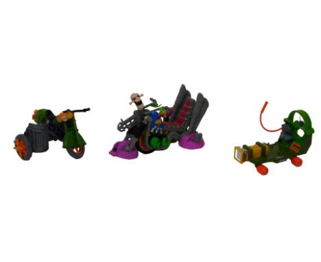 Playmates by Bandai Teenage Mutant Hero Turtles, Cheapskate, Turtle Cycle, and a Psycho Cycle, boxed.