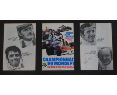 Grand Prix interest, three framed pictures, bearing signatures for Graham Hill and Mike Halewood, each aperture 24cm x 15cm.