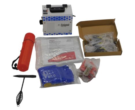 A Raybot RBM 1450 230 volt welder, and various welding tools including a pair of gauntlets, various clamps, etc. (2 boxes)