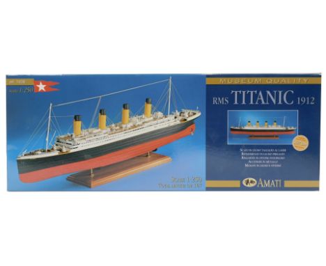 An Omati laser cut model kit of the RMS Titanic 1:250 scale, with wooden planking and metal fittings, boxed.