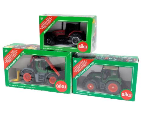 Siku boxed diecast farming equipment, including 3857 Fendt Zylon forestry tractor, 2968 Fendt Farmer 411 Vario tractor, and a